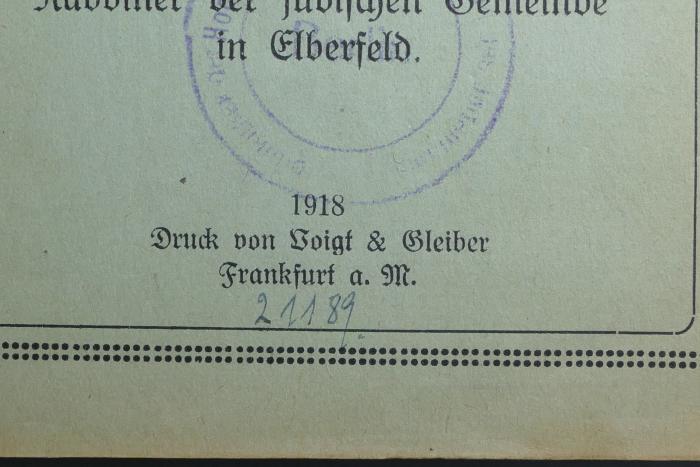 - (Hochschule für die Wissenschaft des Judentums), Von Hand: Inventar-/ Zugangsnummer; '21189'. 