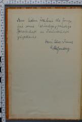 - (de Jonge, Joachim (Max);Katzenberg, Moses), Von Hand: Widmung; 'Dem lieben Joachim de Jonge
für seine ständige & freudige
Bereitschaft, in Freundschaft
zugedacht.
Dein Lehrer & Freund
M Katzenberg.'. 
