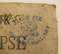 - (Pik, Jakób), Stempel: Name, Ortsangabe, Berufsangabe/Titel/Branche; 'Jakob Pik Optyk M[.] Warszawy'.  (Prototyp)