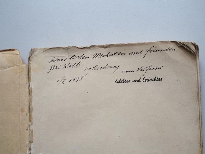 - (Meller, Béla;Kolb, Gizella), Von Hand: Widmung, Datum; 'Seiner lieben Mechutten und Freundin Gizi Kolb in Verehrung vom Verfasser 1 / I 1938'. 