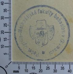 - (Cyrilometodějská teologická fakulta Univerzity Palackého), Stempel: Exlibris; 'Pečet Cyrillo-Methodéjské fakulty bohoslov. V Olomouci'.  (Prototyp)