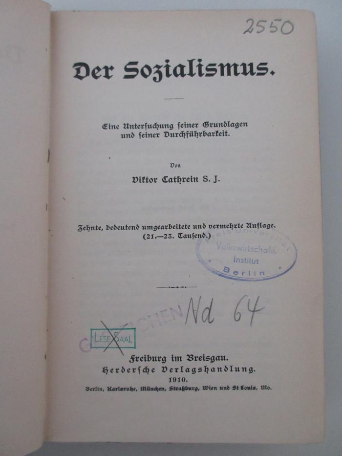 98/2022/41140 : Der Sozialismus. Eine Untersuchung seiner Grundlagen und seiner Durchführbarkeit. (1910)