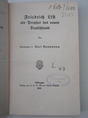 18/71/14915(9)/1 : Friedrich List als Prophet des neuen Deutschland. (1915)