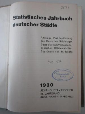 3 ZA 82-25.1930 : Statistisches Jahrbuch deutscher Städte : Amtliche Veröffentlichung des Deutschen Städtetages