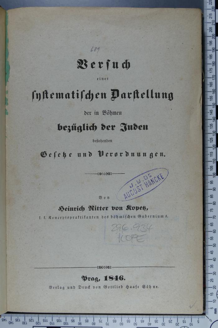 296.934 KOPE : Versuch einer systematischen Darstellung der in Böhmen bezüglich der Juden bestehenden Gesetze und Verordnungen  (1846)