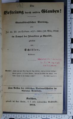 296.455 SACH : Die Befreiung durch unsern Glauben! : gottesdienstlicher Vortrag, über Jes. 44,23 am Sabbate Va-yîqrâ 5604 (23. März 1844) im Tempel der Israeliten zu Eperies  (1844)