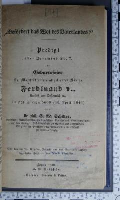 296.455 SACH : "Befördert das Wol des Vaterlandes!" : Predigt über Jeremias 29,7 zur Geburtstagsfeier Sr. Majestät unsers allgeliebten Königs Ferdinand V., Kaisers von Oesterreich, am Iserû ḥag pesaḥ 5606 (19. April 1846) (1846)