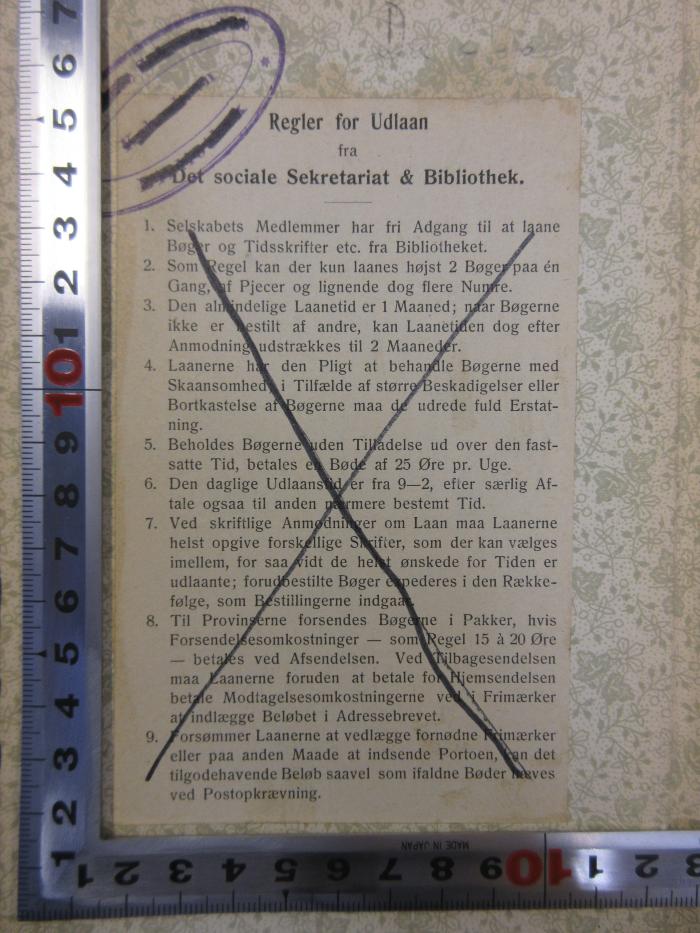 NP 3687 W113 : Wach' auf Evangelisches Volk! : Aufsätze über Kirche und Kirchenpolitik (1893);- (Det sociale Sekretariat Bibliothek København), Etikett: Notiz; 'Regler for Udlaan fra Det sociale Sekretariat & Bibliothek. 1. Selskabets Medlemmer har fri Adgang til at laane Bøger og Tidsskrifter etc. fra Bibliotheket. 2. [...]'. 