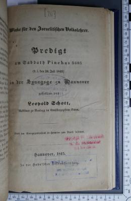 296.455 SACH : Winke für den Israelitischen Volkslehrer : Predigt am Sabbath Pinehas 5606 (d. i. den 26. Juli 1845) in der Synagoge zu Hannover / gehalten von Leopold Schott  (1845)