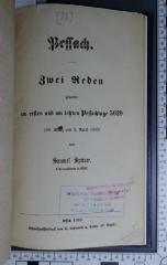 296.455 SACH : 
Pessach : zwei Reden gehalten am ersten und letzten Pessachtage 5629 (28. März und 3. April 1869) (1869)