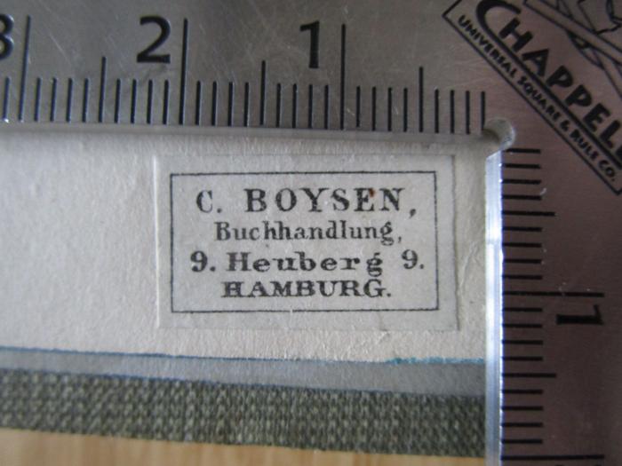 X 1063 b: Von Sonnen und Sonnenstäubchen : Kosmische Wanderungen (1903);- (Boysen &amp; Maasch), Etikett: Buchhändler, Name, Ortsangabe; 'C. Boysen,
Buchhandlung,
9. Heuberg 9.
Hamburg'.  (Prototyp)