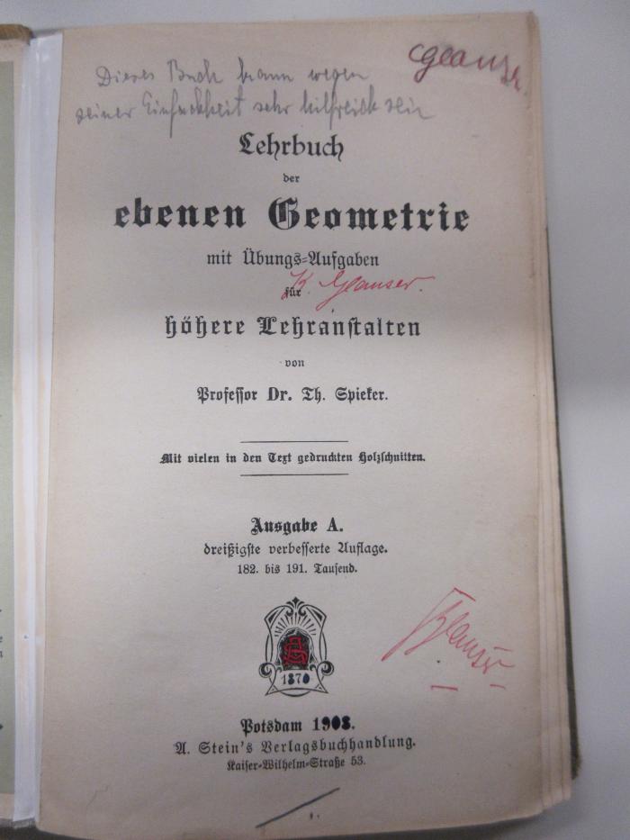 PK 0901 CDA 30/31 ak (ausges.) : Lehrbuch der ebenen Geometrie : mit Übungs-Aufgaben für höhere Lehranstalten (1903)