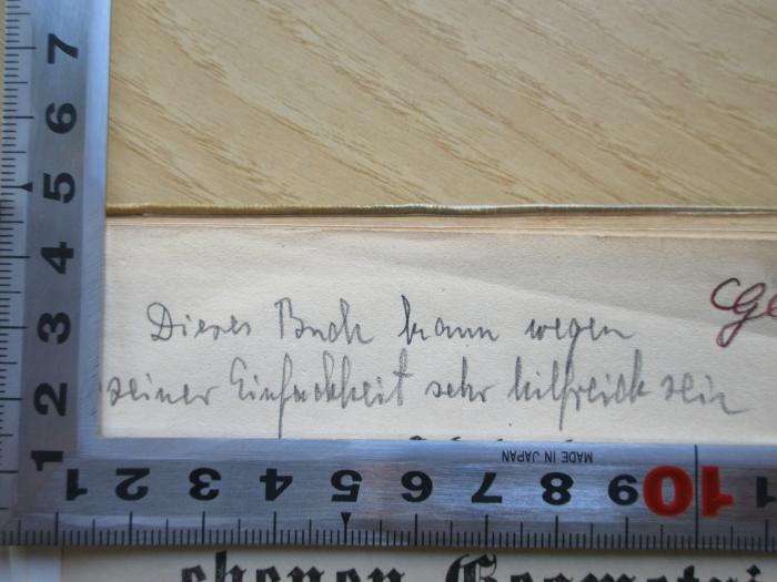 PK 0901 CDA 30/31 ak (ausges.) : Lehrbuch der ebenen Geometrie : mit Übungs-Aufgaben für höhere Lehranstalten (1903);-, Von Hand: Notiz; 'Dieses Buch kann wegen seiner Einfachkeit sehr hilfreich sein'