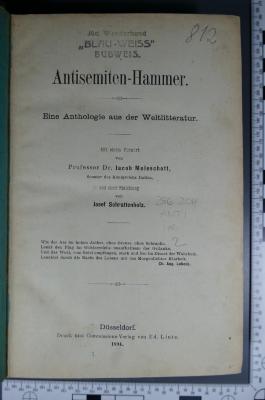 296.204 ANTI 2;812;1399 ;; ;;: Antisemiten-Hammer. Eine Anthologie aus der Weltliteratur (1894)