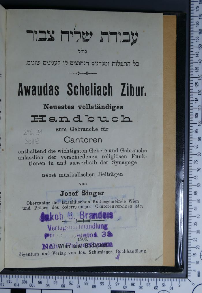 296.31 SCHE : Awaudas Scheliach Zibur. Neuestes vollständiges Handbuch zum Gebrauche für Cantoren (1906)