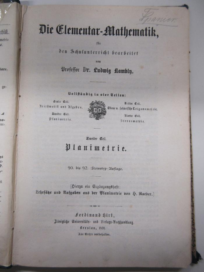 PK 0901 CD/28 dh-2 (ausges.) : Die Elementar-Mathematik : für den Schulunterricht ; Zweiter Teil (Planimetrie) (1891)