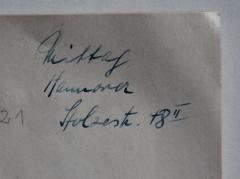 - (Mittag, Max), Von Hand: Name, Ortsangabe; 'Mittag / Hannover / Stolzestr. 48 II'. 