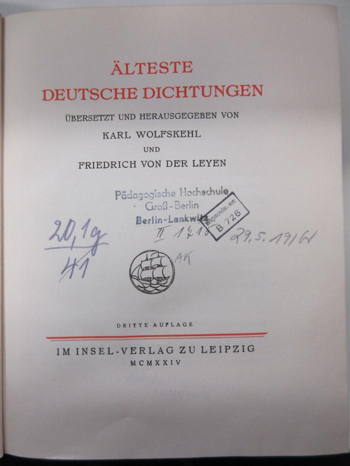 Lit 17 wol 3.A. (ausgesondert) : Älteste deutsche Dichtungen (1924)