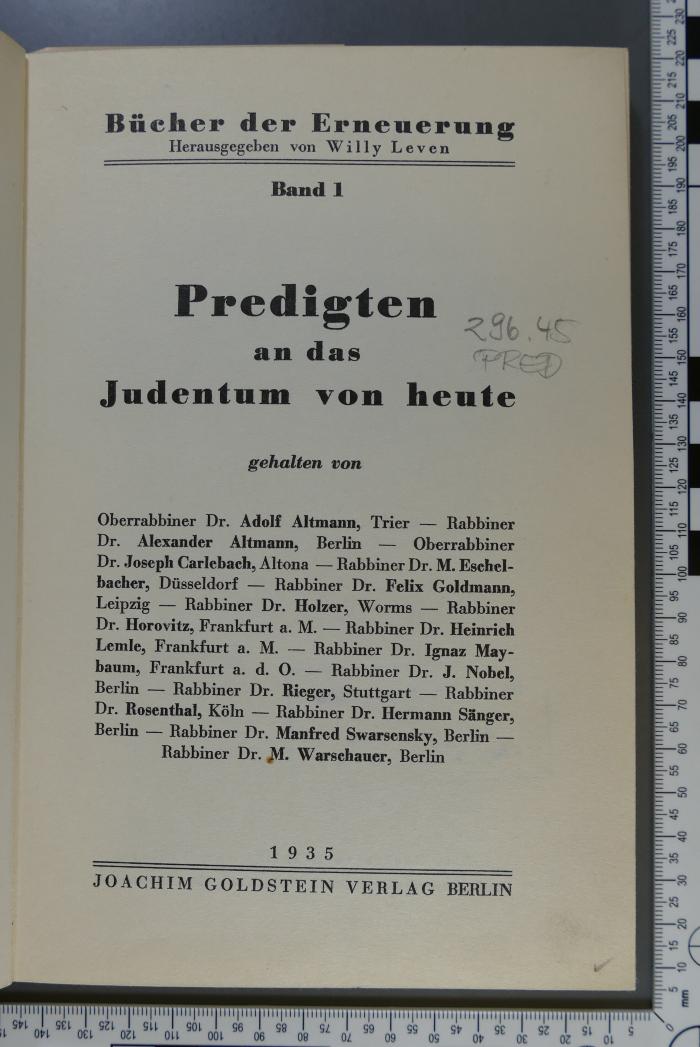 296.45 PRED : Predigten an das Judentum von heute  (1935)