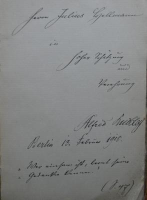  Der Meister von Danzig und andere Novellen (1914);- (Hellmann, Julius;Knobloch, Alfred), Von Hand: Autor, Widmung, Name, Datum, Ortsangabe, Motto; 'Herrn Julius Hellmann in hoher Schätzung und Verehrung Alfred Knobloch. Berlin 13. Februar 1915.
"Wer einsam ist, lernt seine Gedanken kennen." (S. 47)'. 