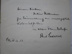 - (Hellmann, Julius;Lederer, Paul), Von Hand: Widmung, Name, Autor, Ortsangabe, Datum; 'Seinem lieben Julius Hellmann zur Erinnerung an unvergeßliche Kolonialzeiten in alter Freundschaft. Paul Lederer
Bln. 15.3.22.'. 