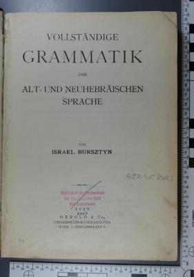 492.45 BURS : Vollständige Grammatik der alt- und neuhebräischen Sprache  (1929)