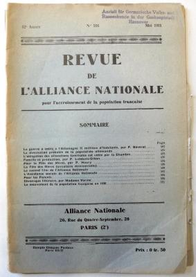 Zs 2069 : 226 : Revue de l`Alliance nationale pour l'accroissement de la population française. (1931)