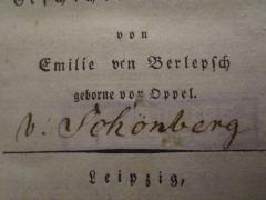 - (Schönberg, [?] von), Von Hand: Autogramm, Name; 'v. Schönberg'. 