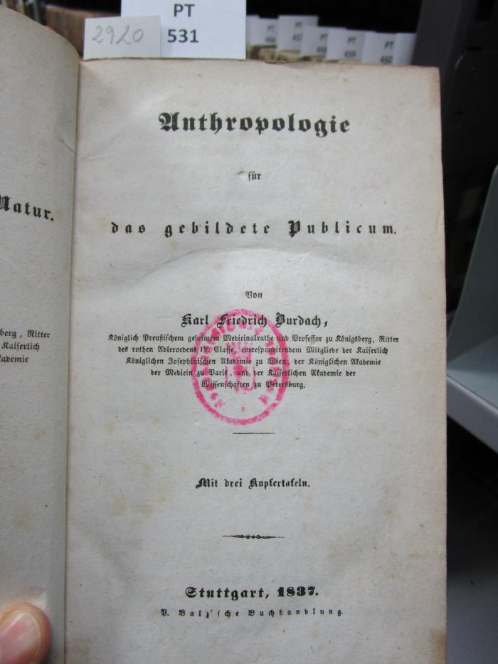 A 413: Der Mensch nach den verschiedenen Seiten seiner Natur : mit drei Kupferstichen = Anthropologie für das gebildete Publicum (1837)