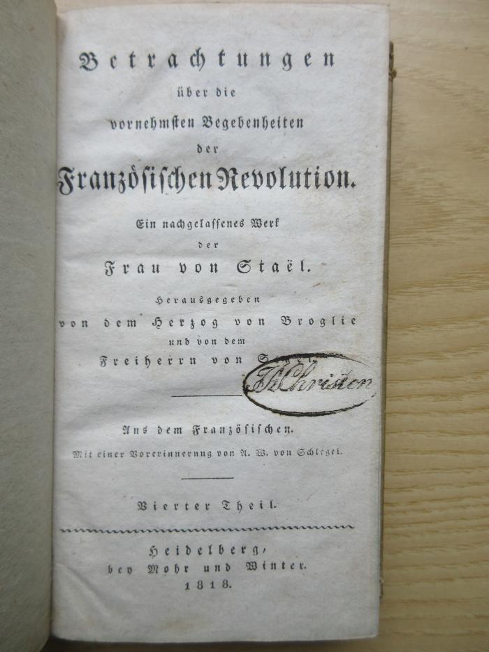 1 N 56 - 4 : Betrachtungen  über die vornehmsten Begebenheiten der Französischen Revolution. (1818)