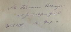 - (Villinger, Hermine), Von Hand: Widmung; 'Frln. Hermine Villinge rmit freundlichem Gruß April 1891 vom Prof.'. 