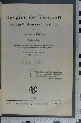 296.192 COHE 3 : Religion der Vernunft : aus den Quellen des Judentums  (1929)