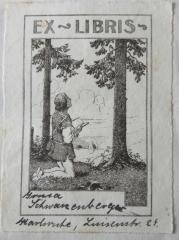 - (Schwarzenberger, Irma, verh. Kelmann), Etikett: Exlibris; 'Irma Schwarzenberger, Karlsruhe, Luisenstr. 29'. 
