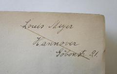 - (Meyer, Louis), Von Hand: Name, Ortsangabe; 'Louis Meyer. Hannover. Göbenstr. 21.'. 