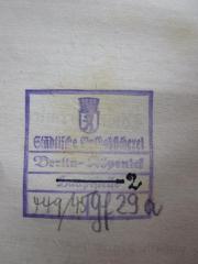 - (Städtische Volksbücherei Berlin-Köpenick), Stempel: Wappen, Name, Ortsangabe, Nummer; 'Städtische Volksbücherei
Berlin-Köpenick
̶H̶̶a̶̶u̶̶p̶̶t̶̶s̶̶t̶̶e̶̶l̶̶l̶̶e 2'.  (Prototyp)
