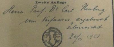 - (Neuberg, Carl;Hägglund, Erik), Von Hand: Datum, Widmung, Name, Berufsangabe/Titel/Branche; 'Herrn Prof. Dr. Carl Neuberg
vom Verfasser ergebenst
überreicht
20 III 1921'. ; Die Sulfitablauge und ihre Verarbeitung auf Alkohol (1921)