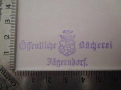 - (Öffentliche Bücherei Jägerndorf), Stempel: Name, Berufsangabe/Titel/Branche, Ortsangabe, Wappen; 'Öffentliche Bücherei Jägerndorf'.  (Prototyp)