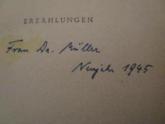 - (Müller, [?]), Von Hand: Berufsangabe/Titel/Branche, Name, Datum; 'Frau Dr. Müller Neujahr 1945'. 