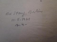 - (Kayser, Gerhard;Stang (Berlin)), Von Hand: Besitzwechsel, Buchhändler, Name, Datum, Preis, Ortsangabe; 'Bei Stang, Berlin 11.5.1921 zu 4,-'. 