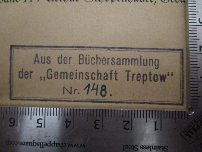 VHB 644 : Gedanken (1919);- ("Gemeinschaft Treptow"), Stempel: Besitzwechsel, Name, Ortsangabe; 'Aus der Büchersammlung der "Gemeinschaft Treptow" Nr.'.  (Prototyp)