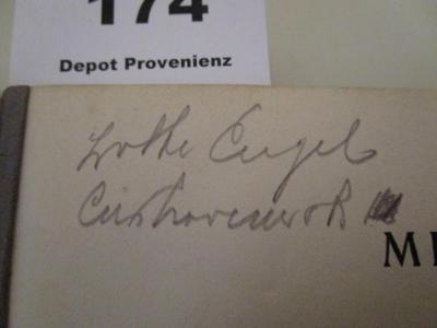 - (Engel, Lotte), Von Hand: Autogramm, Name, Ortsangabe; 'Lotte Engel 
Cuxhavenerstr 18'. ; Denkwürdigkeiten der Glückel von Hameln (1913)