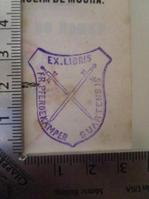 - (Pferdekämper, Fritz), Stempel: Exlibris, Name, Wappen; 'Ex.Libris Fr. Pferdekämper Suartensis'.  (Prototyp); Obras (1853)