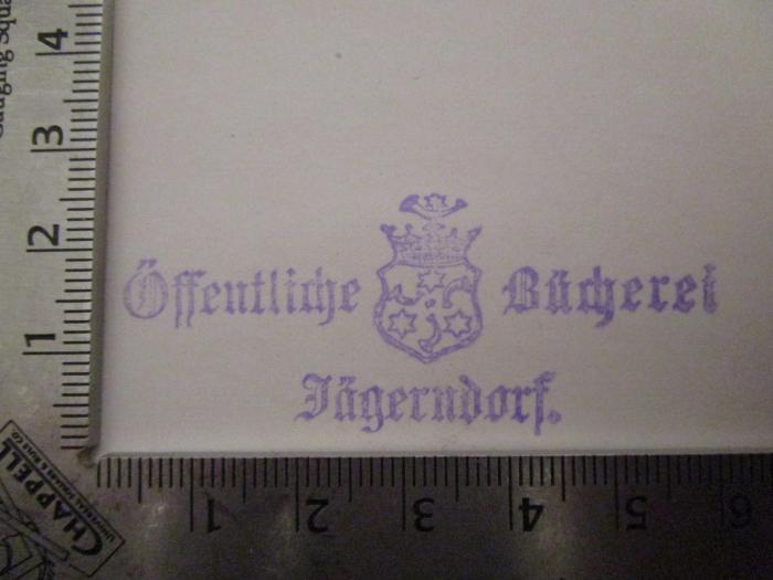  Immergrüne Laubgehölze : Erfahrungen in Malonya (1925);- (Öffentliche Bücherei Jägerndorf), Stempel: Name, Berufsangabe/Titel/Branche, Ortsangabe, Wappen; 'Öffentliche Bücherei Jägerndorf'.  (Prototyp)