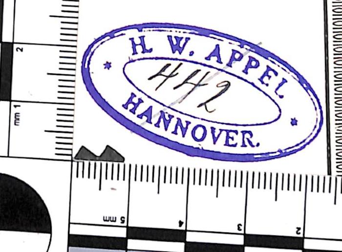 - (Appel, H. W.), Stempel: Name, Ortsangabe; 'H. W. Appel / Hannover'. 