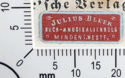 - (Julius Bleek (Minden);Beermann, Anneliese), Etikett: Buchhändler; 'Julius Bleek
Buch - & Musikalienhandlung
Minden i. Westf.'.  (Prototyp)