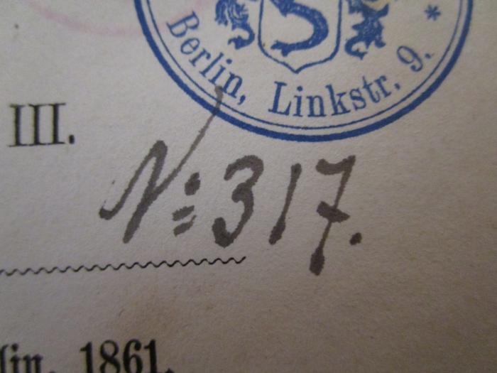  Berliner Federzeichnungen (1861);- (Burkhardt, Karl), Von Hand: Nummer; 'No 317.'. 