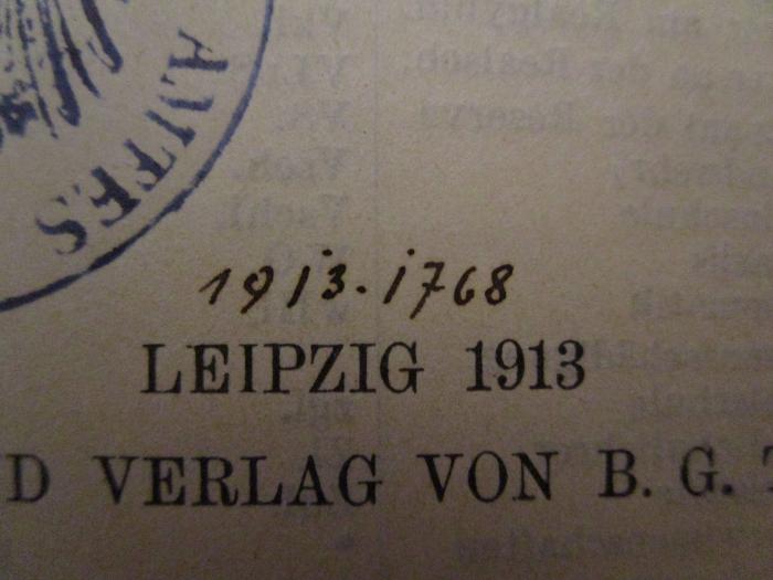  Statistisches Jahrbuch der höheren Schulen Deutschlands Luxemburgs und der Schweiz und der höheren Schulen im Ausland (1914);- (unbekannt), Von Hand: Datum, Nummer; '1913.1768'. 