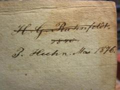 - (Bahnfeldt, H. G.), Von Hand: Name, Datum; 'H. G. Bahnfeldt. 1840. z. Huhn. Mai 1876.'. 