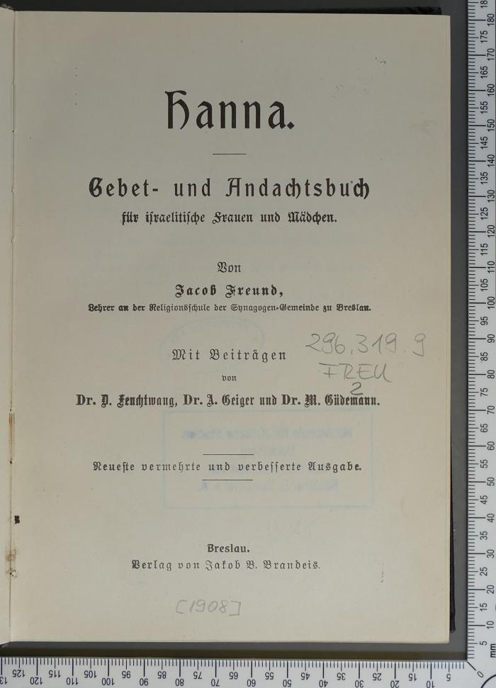 296.319.9 FREU 2 : Hanna. Gebet- und Andachtsbuch für israelitische Frauen und Mädchen ([1908])