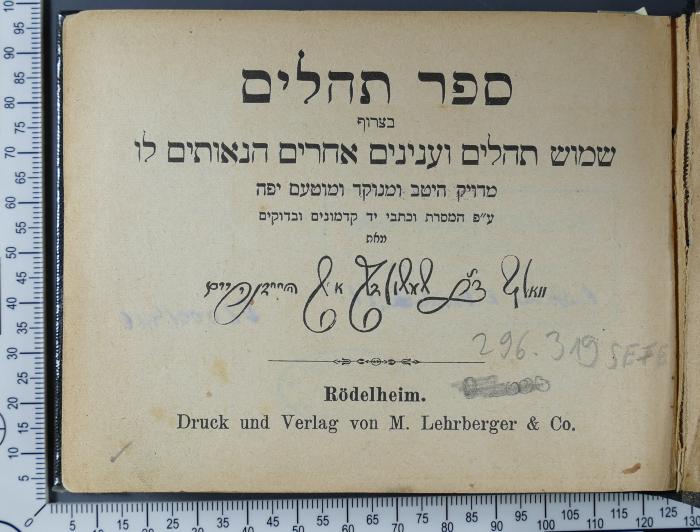296.319 SEFE : ספר תהלים בצרוף שמוש תהלים וענינים אחרים הנאותים לו
מאת וואלף בר שמשון ז''ל איש היידנהיים